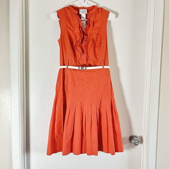 Akris Punto  A-Line Coral Red Pleated Sleveless Dress Sz 6 Ruffle Button $1280 - Picture 1 of 10